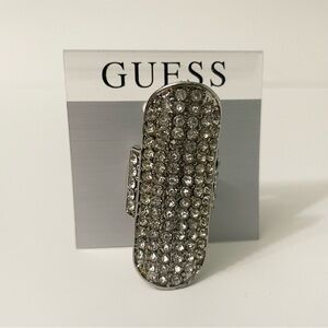 Guess Long Silver Tone Rhinestone Statement Ring Size 8